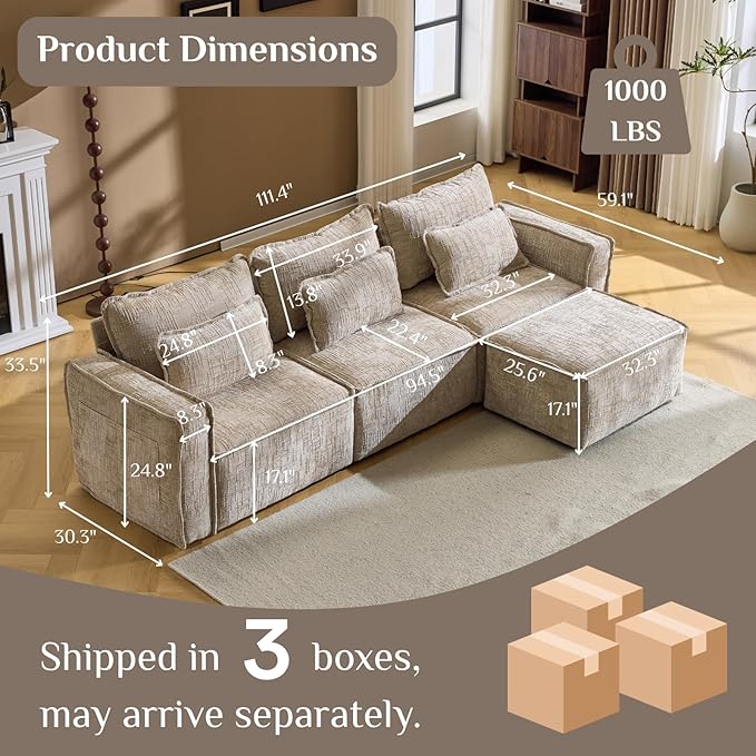 Karl home 110" Cloud Sectional Couches with Moveable Ottoman 3 Seat Boneless Modular Sofa Set L-Shape Convertible Couche with Chenille Upholstery for Living Room, Apartment, Studio, Khaki