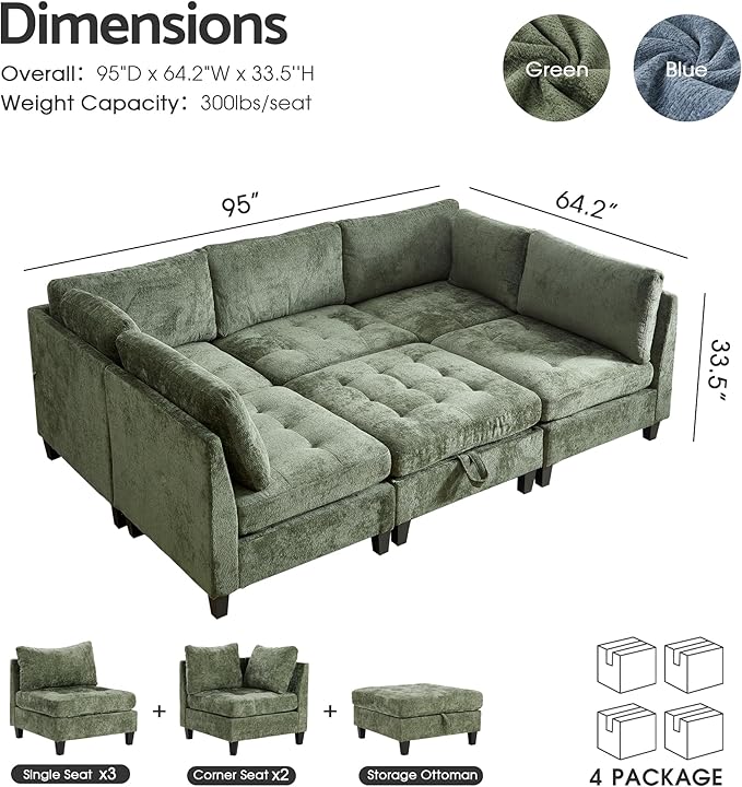 Luxe Oversized Modular Sectional Sofa, Modern Chenille Convertible Sleeper Sofa with Storage Ottoman, Comfy Deep Seat U-Shaped Cloud Couch for Living Room（Green，5-Seater + 1*Ottoman+ Tea Tray）