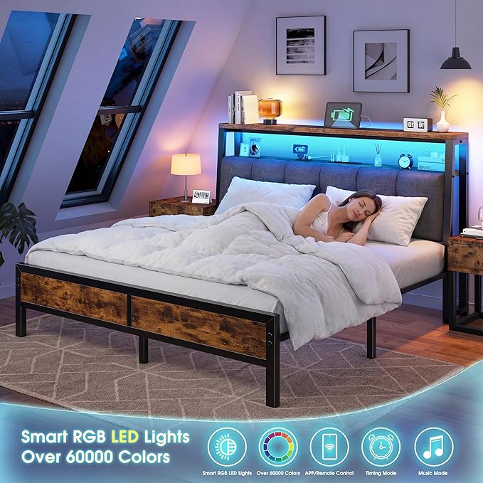Homkdom Queen Bed Frame with Charging Station and LED Lights, Grey Upholstered Headboard with 2-Tier Storage Shelves,Metal Platform with 12" Under-Bed Storage, No Sliding,Noise-Free,1000LBS