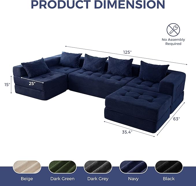 MAXYOYO Modular Sectional Sofa Couch, Foldable U Shaped Cloud Couch with Pillows, Tufted 6-Seat Boneless Sleeper Lounger Floor Sofa Bed for Living Room, No Assembly Required, Navy