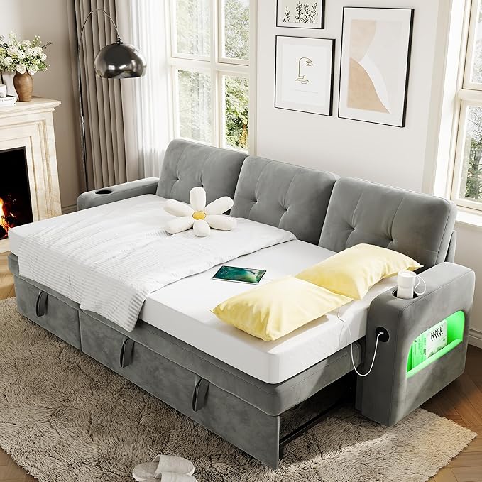 GarveeHome 84 Inch Sleeper Sofa Couch, L-Shaped Sofa, Convertible Pull Out Sofa Bed with Storage, Charging Station, Led Lights, Modern Sectional Sofa for Living Room, Apartment, Velvet, Light Grey