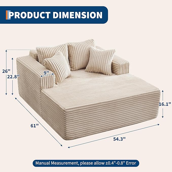 Oversized Chaise Lounge Chair Indoor 61" D x 54" W 2‑Person Comfy Cloud Boneless Couch Corduroy Foam No Assembly Required Sofa Bed with 4 Pillows & Armrests for Living Room & Bedroom