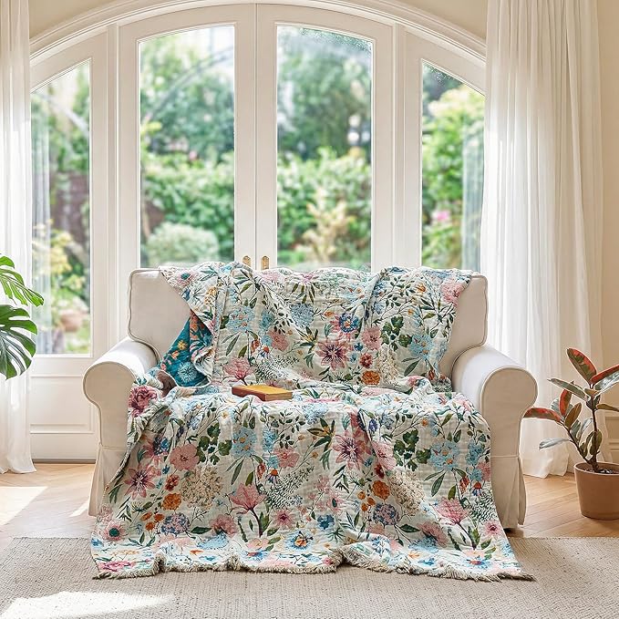 LUTBM Boho Throw Blanket for Bed Cotton Spring Blankets for Bedroom Living Room Twin All Season Lightweight Floral Embroidery Quilt for Couch Sofa Chair 60"x80"