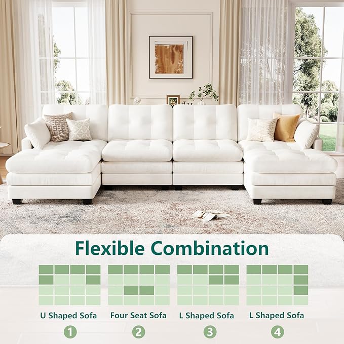 Modular Sectional U Shaped Sofa Couches for Living Room, Cloud Couch with Movable Ottoman, Comfy Chenille Sofa with Pillow for Bedroom and Apartment,Beige-Tufted