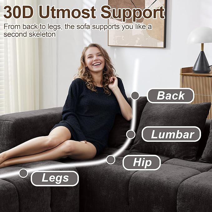 119" Boneless Couch, Cloud Sectional Couch with Deep Seat, High-Density Memory Foam and Chaise, Sectional L Shaped Sofa, Boneless Couches for Living Room, No Assembly Required Tufted Sofa, Dark Grey