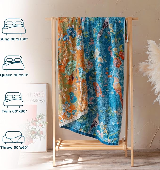 LUTBM Boho Throw Blanket for Bed Cotton Spring Blankets for Bedroom Living Room Twin All Season Lightweight Floral Birds Embroidery Quilt for Couch Sofa Chair 60"x80"