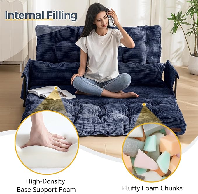 MAXYOYO Adjustable Floor Sofa Couch with 2 Pillows, Multi-Functional Bean Bag Bed, 5-Position Foldable Lazy Sofa Sleeper Bed with Armrest, Versatile Floor Seating for Reading, Navy, Double