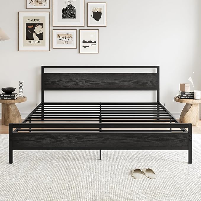 BOFENG Black King Size Bed Frame with Wood Headboard,Industrial Metal Platform Bed Frame King Size with Storage No Box Spring Needed,Strong Steel Slats Support,Easy Assembly