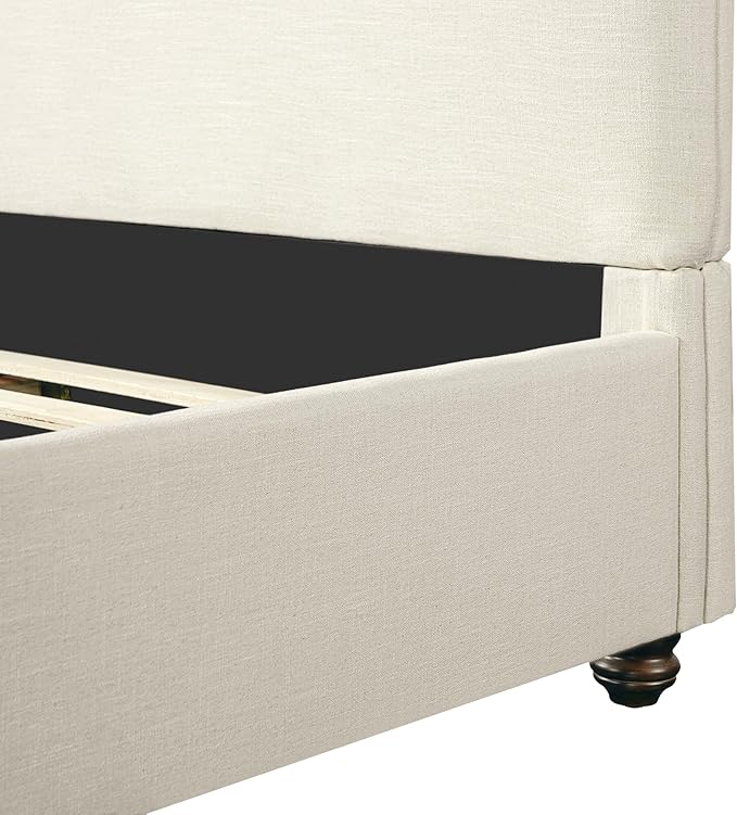 Christopher Knight Home Chenzi Linen Upholstered Queen Bed Frame with Headboard and Footboard, Wooden Platform Queen Size Bed Frame and Double-Layer Oval Legs, No Box Spring Needed, Beige