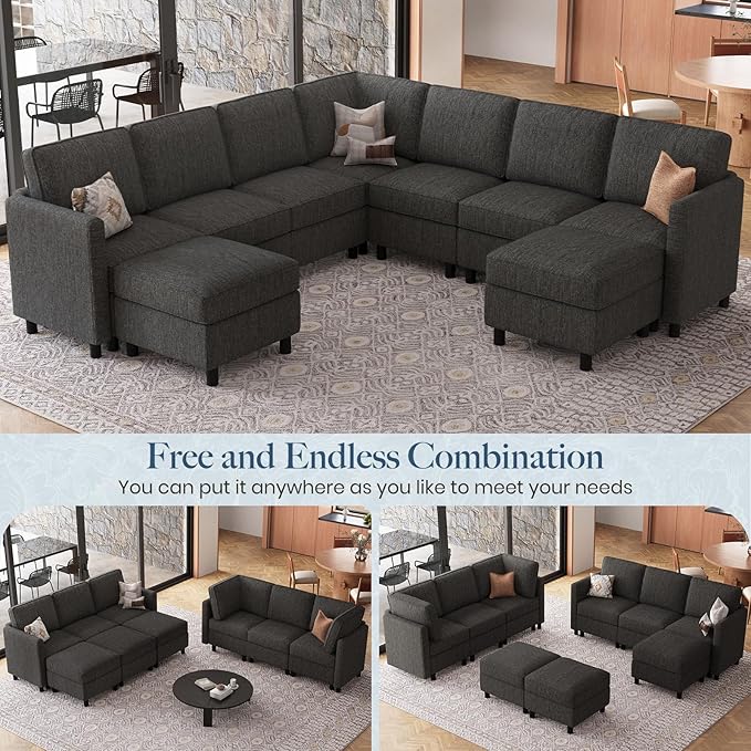 Belffin 107.1" 9 Seats Modular Sectional Sofa U Shaped Couch Big Corner Washable Sectional Couches for Living Room Comfy Couches with Storage Seat Couch Sofas with Chaise,Dark Grey