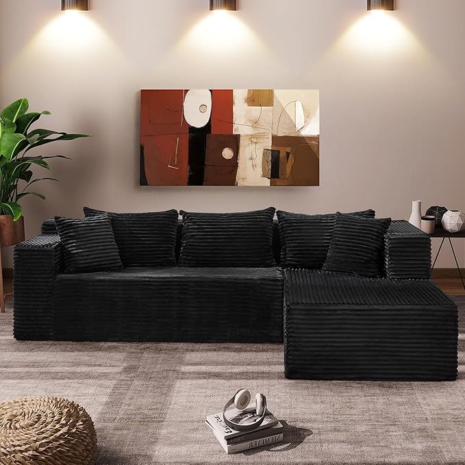 Garvee Modular Sectional Sofa Cloud Sectional Couch, 106" Comfy Fluffy L Shaped Black Couches for Living Room,Oversized Sofa Sleeper with Deep Seat, No Assembly Required, Black