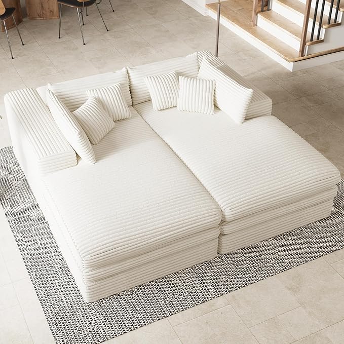 Belffin Double Chaise Lounge Sofa Bed Plush Corduroy Boneless Sectional Cloud Couches for Living Room Boneless Cloud Couch with Deep Seat No Assembly Required. Beige Sofa