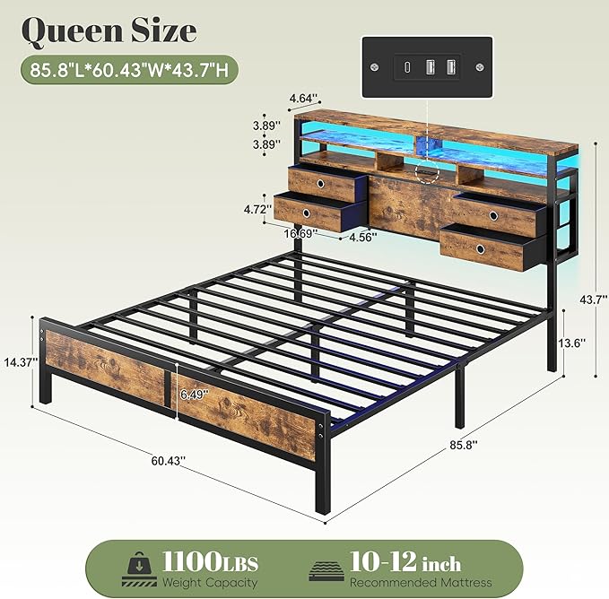 Homkdom Bed Frame Queen Size with 2-Tier Storage Headboard and 4 Drawers,Queen Platform Bed Frame with LED Lights & Charging Station,Metal Queen Bed 1100LBS Heavy Duty,No Noise,Rustic Brown