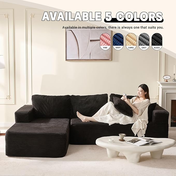107" Boneless Couch with Deep Seat, Set of Modular Sectional Sofa, Cloud Sectional Couch for Living Room, No Assembly Required, Corduroy, L-Shape Left, Black