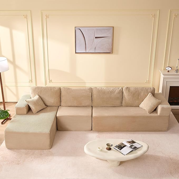 138" Boneless Couch with Deep Seat, Set of Modular Sectional Sofa, Cloud Sectional Couch for Living Room, No Assembly Required, Corduroy, 4 Seater L-Shape Left, Camel