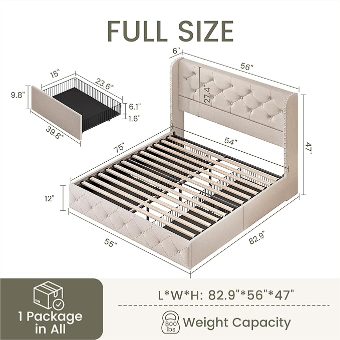 LARMACE Full Size Bed Frame with 4 Storage Drawers and 47.2" Tall Wingback Headboard Linen Upholstered Platform Bed Frame Tufted Beds with Wooden Slats Support, Easy Assembly, Beige