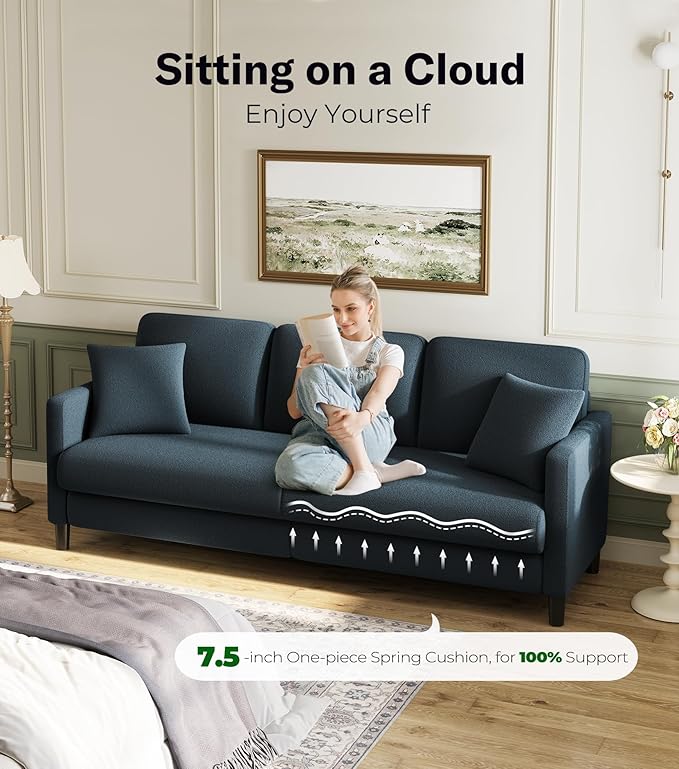 83" Couches for Living Room, Comfy Sofas for Living Room with Storage Ottomans, Teddy Sofa Couch, Tool-Free Loveseat Sofa, All-Wood Love Seat Couches, U Shaped Couch Pillows Include, Blue Grey