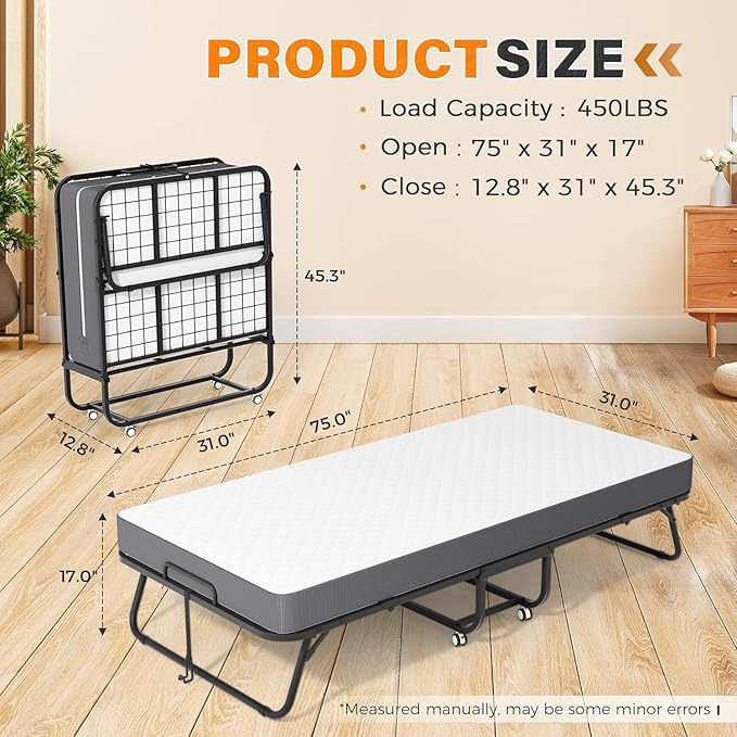 Foldable Single Bed for Adults – 75” x 31” Portable Rollaway Cot with 5" Memory Foam Mattress, Sturdy Metal Frame & Wheels – Space-Saving Guest Bed