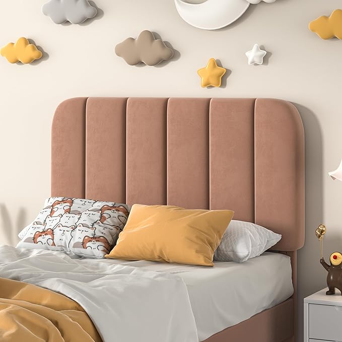 VECELO Twin Size Bed Frame with Upholstered Headboard, Velvet Platform Bedframe Mattress Foundation, Strong Wood Slat Support, No Box Spring Needed,Tan Brown