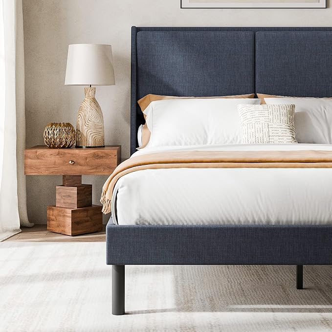 Cozy Castle Full Size Upholstered Platform Bed Frame with 51.2" Tall Wingback Headboard, Double Backrest Metal Bed Frame, No Box Spring Needed, Easy Assembly, Bedroom Furniture, Navy Blue