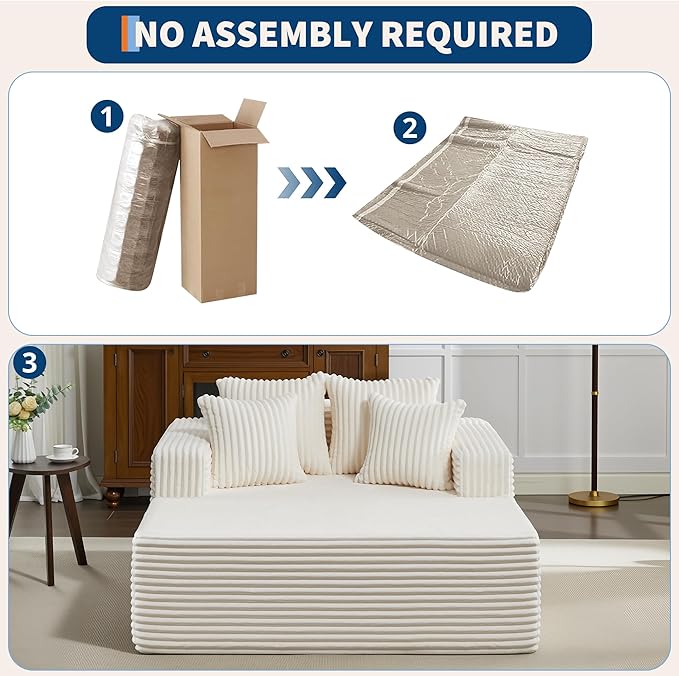 Oversized Chaise Lounge Chair Indoor 61" D x 54" W 2‑Person Comfy Cloud Boneless Couch Corduroy Foam No Assembly Required Sofa Bed with 4 Pillows & Armrests for Living Room & Bedroom