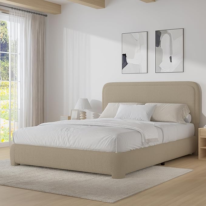 BarnFurin Full Size Bed Frame,Cloud Boucle Upholstered Platform Bed Frame with Headboard, Soft Rounded Corners, No Box Spring Required, Non-Slip and Noise-Free, Easy Assembly, Beige