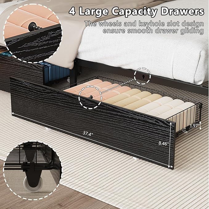VINGLI Full Bed Frame with 4 Storage Drawers and Adjustable Headboard Shelf, Metal Double Platform Captain Bed with Charging Station and RGB LED Lights, No Box Spring Needed, Noise Free, Black