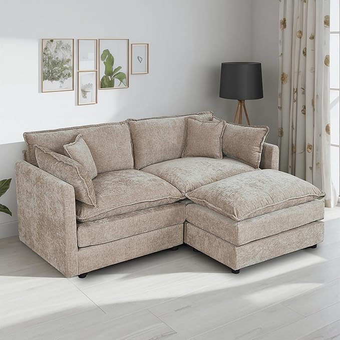 Setawix Deep Loveseat Couch with Ottoman,Large L-Shaped 2 Seater Cloud Couches for Living Room,77.16" Chenille Cloud Sofas with Deep Seat,Modular Sectional 2 Seat Sofa for Bedroom (Coffee, 2+1)
