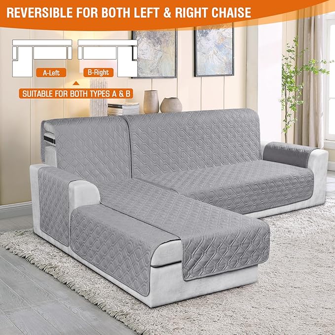 VANSOFY Sectional Couch Covers 100% Waterproof L Shaped Sofa Slipcover 3pcs Reversible Chaise Lounge Cover for Sectional Sofa Furniture Protector Cover for Pets Cat Dog(Small, Light Gray)