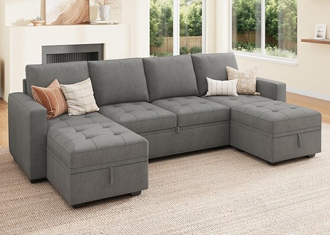 HONBAY Modular Sectional Sleeper Sofa with Pull Out Bed,U Shaped Couch with Storage Seat,Sectional Couches for Living Room,Warm Grey