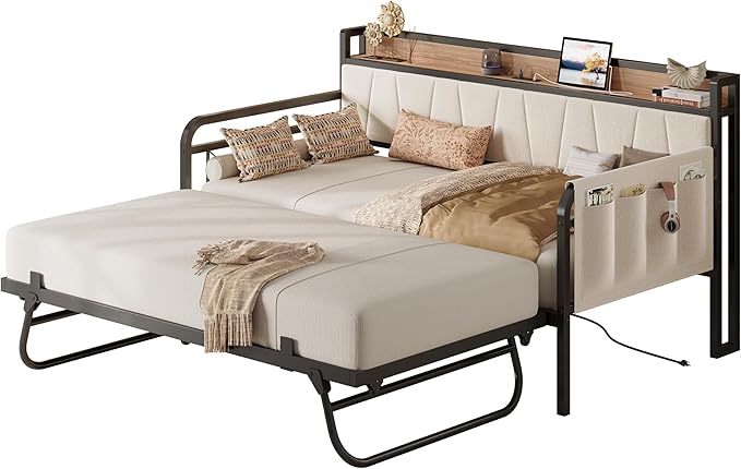 LIKIMIO Daybed with Trundle Bed, Twin Bed Frame with Storage Headboard and Charging Station, Sofa Day Bed with Strong Supports for Living Room, Bedroom, and Guest Room, Beige
