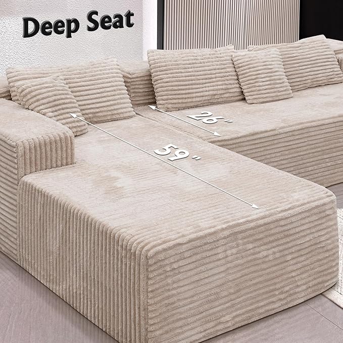 Boneless Modular Sectional Sofa, Cloud Couch with Left Facing Chaise, Oversized Deep Seat, L-Shaped, Soft Corduroy Fabric, Sectional Couch for Living Room -White