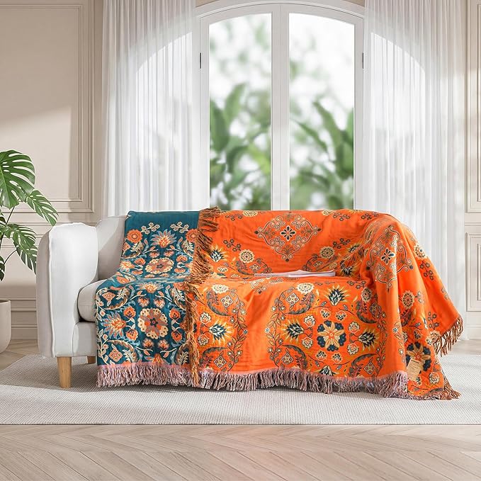 Boho Throw Blanket for Bed 100% Cotton Soft Lightweight Quilt Floral Embroidery Home Decor Spring Breathable Orange Bed Blankets,80"x90" All Season Reversible Blankets for Sofa Couch Chair