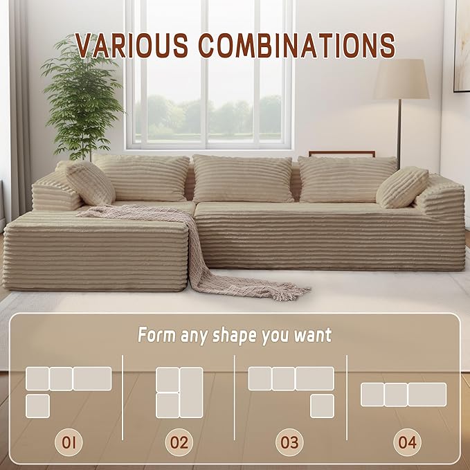 110" L-Shaped Modular Sectional Sofa with Chaise, Boneless Comfy Corduroy Fluffy Couch with Deep Seat and Side Pockets, Flexible Module Combination for Living Room, No Assembly, Side Pockets