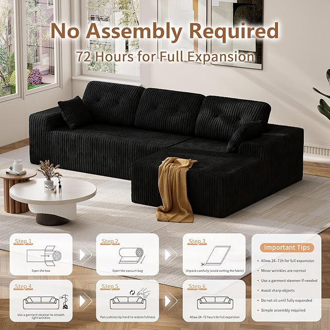 Ball & Cast 106" Cloud Modular Sectional Sofa, Boneless Corduroy Couch with Deep Seat, Comfy L-Shaped Sectional, Modern Upholstered Sofa for Living Room, No Assembly (Black, Right Facing Chaise)