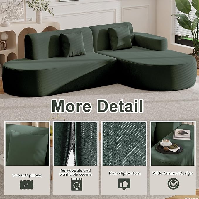 MELLCOM Modern Curved Boneless Sofa Couch, L-Shaped Corner Sofa, No Assembly Needed, Chenille Upholstered Cloud Sectional Couch for Living Room, Bedroom and Apartment (Green, Right Hand Facing)