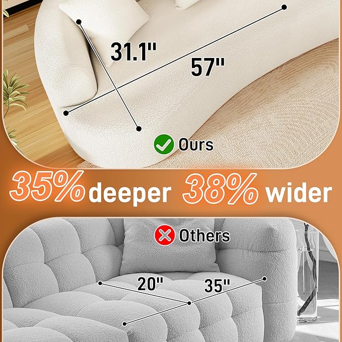 107" Curved Sofa for Living Room, Modern Chenille Cloud Couch Sofa, Luxury Plush Extra Deep 4-Seater Oversized Boucle Couch for Small Spaces, Apartment‌, No Assembly Required, Cream White