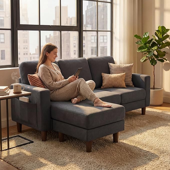 YESHOMY L-Shaped Sofa Couch, Small Couch with Reversible Chaise and Ottoman, Convertible Sectional Comfy 3 Seat Sofas with Side Pockets for Apartment and Living Room (Dark Gray)