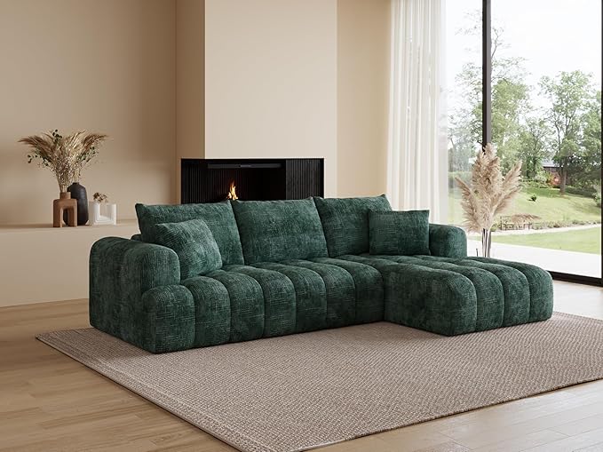 108" Cloud Sectional Couches for Living Room, Boneless L-Shaped Sofa with Pillow 3 Seater Modular Sectional Sofa (Dark Green)