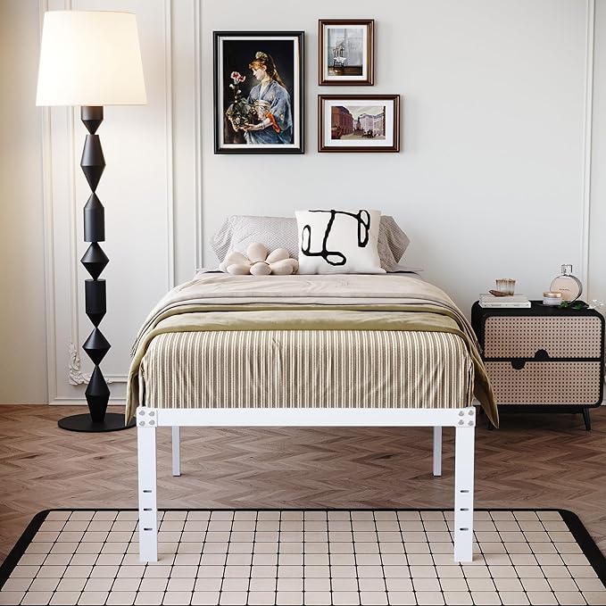 DiaOutro 18 Inch White Twin Bed Frame Heavy Duty No Box Spring Needed Metal Platform with Maximum Storage, Easy Assembly, Noise Free