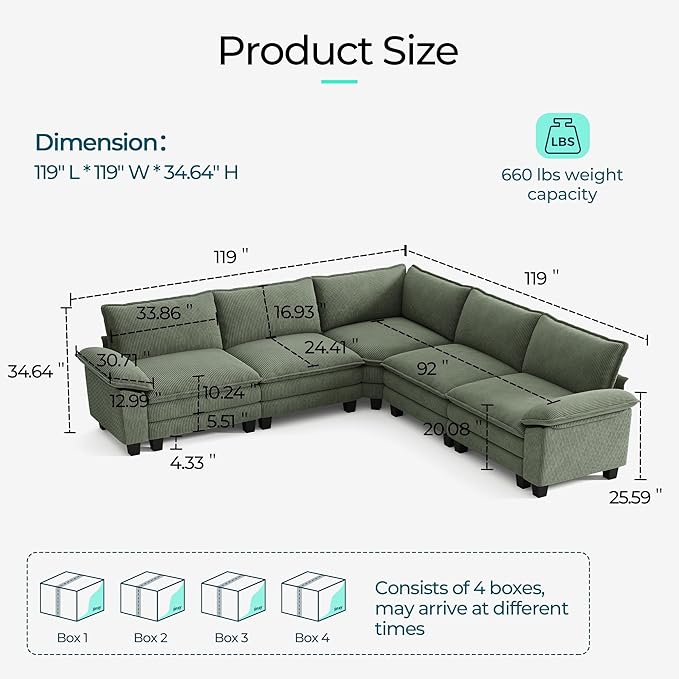 LINSY HOME Modular Sectional Sofa Couch Corduroy Cloud Couches for Living Room, V-Shaped Cloud Couch Sectional Sofas for Bedroom and Apartment, Green