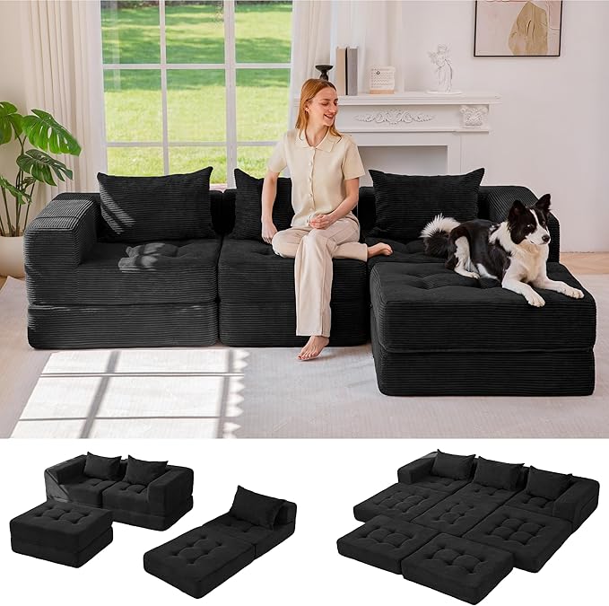 MAXYOYO Modular Sectional Sofa Couch, Foldable L-Shaped Folding Sofa Bed with Ottoman, Convertible Sectional Couch Corded Tufted Floor Sofa Lounger with Pillows for Living Room, No Assembly, Black