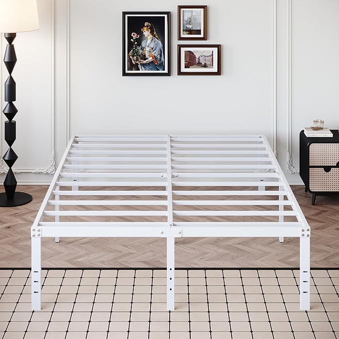 DiaOutro 18 Inch White Full Size Bed Frame Heavy Duty Metal Platform No Box Spring Needed, Maximum Storage, Easy Assembly, Noise Free