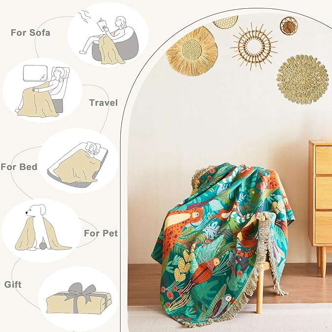 LUTBM Throw Blanket for Bed Couch Sofa Soft Cotton Twin Spring Blankets for Bedroom Living Room All Season Reversible Forest Animals Embroidery Lightweight Quilt Whimsical Home Decor 60"x80"