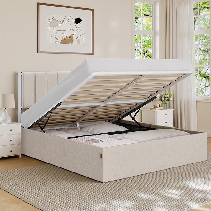 VASAGLE Lift Up Storage Bed Frame Queen Size, Hydraulic Platform Bed, with Upholstered Headboard, 1100 lb Weight Capacity, No Box Spring Needed, Easy Assembly, Modern, Cappuccino Beige URMB601W01V1