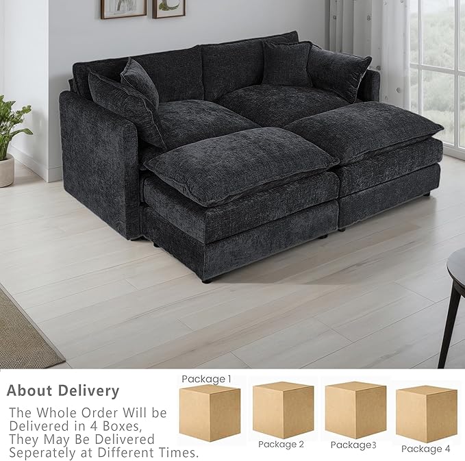 Setawix Deep Loveseat Couch with Ottomans,Large 2 Seater Lounger Cloud Couches for Living Room,77.16" Chenille Cloud Sofas with Deep Seat,Modular Sectional Sleeper Sofa for Bedroom (Black, 2+2)