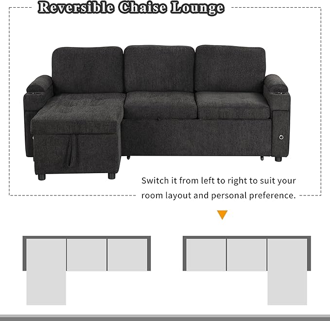 Harper & Bright Designs 83.5" L-Shaped Sofa Couch Convertible Sofa Bed Sectional Sofa with Ample Storage Space, Two Cup Holders and Two USB Ports for Living Room, Black