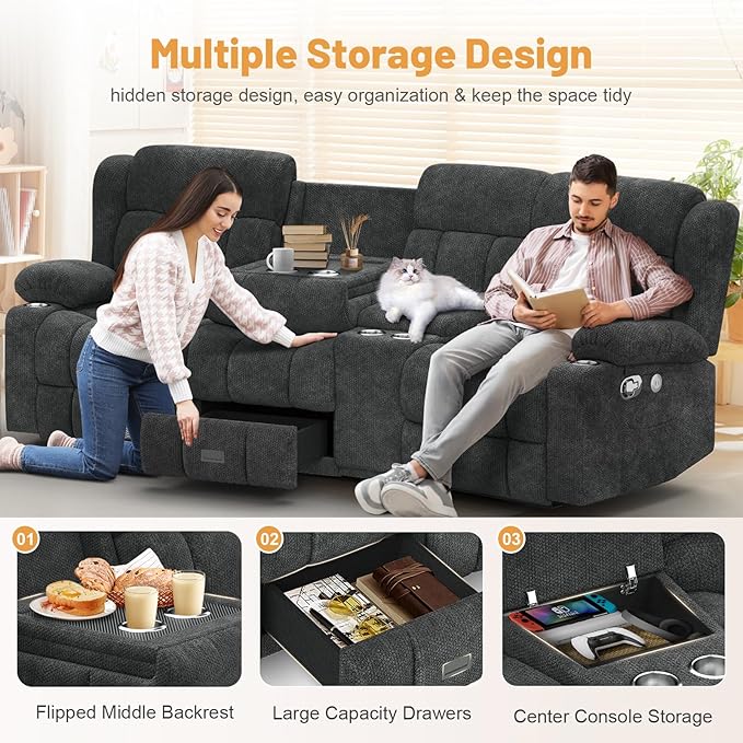 Recliner Sofa with Storage Console, Flip Middle Backrest Design 3 Seat Reclining Sofa with Storage Drawer, USB Ports & Cup Holders, Manual Couch for Living Room (Gray, 3 Seater + Console)