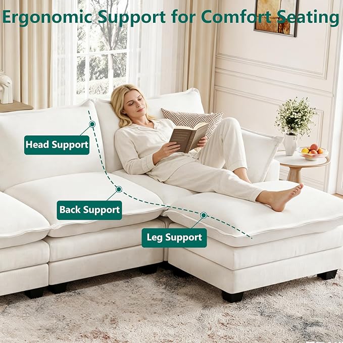 Modular Sectional U Shaped Sofa Couches for Living Room, Cloud Couch with Movable Ottoman, Comfy Chenille Sofa with Pillow for Bedroom and Apartment,Beige