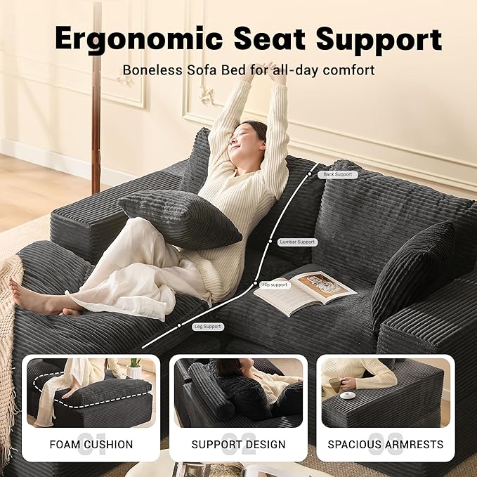 74.8” Set of Cloud Couch, Modular Loveseat Sofa, Convertible Sofas Bed, Deep Seat Sofa, Cozy Sofa for Living Room, Office and Bedroom, L Shaped Cozy Sofa Furniture Set, Corduroy, Gray